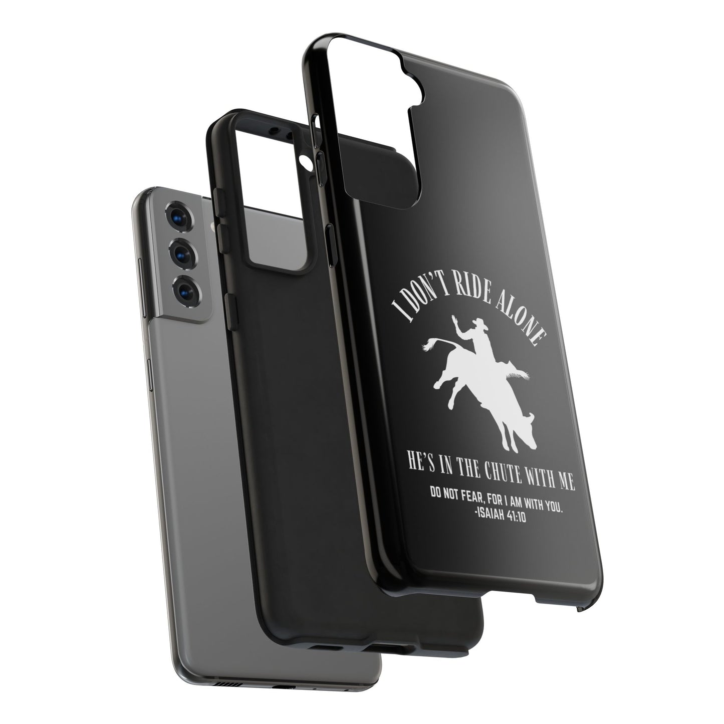 "I Don’t Ride Alone" Isaiah 41:10 Bull Rider Dual-Layer Glossy Phone Case – Christian Western Rodeo Design for iPhone & Samsung Galaxy