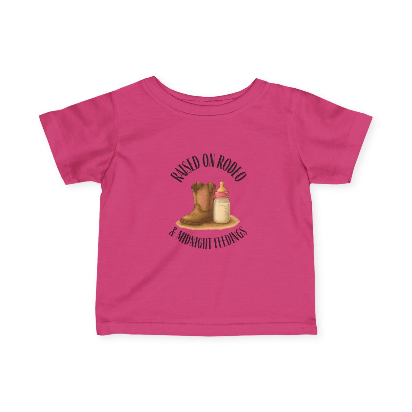 Raised on Rodeo & Midnight Feedings – Infant Girl Western Rodeo T-Shirt (6M–24M, Cowgirl Baby Tee)