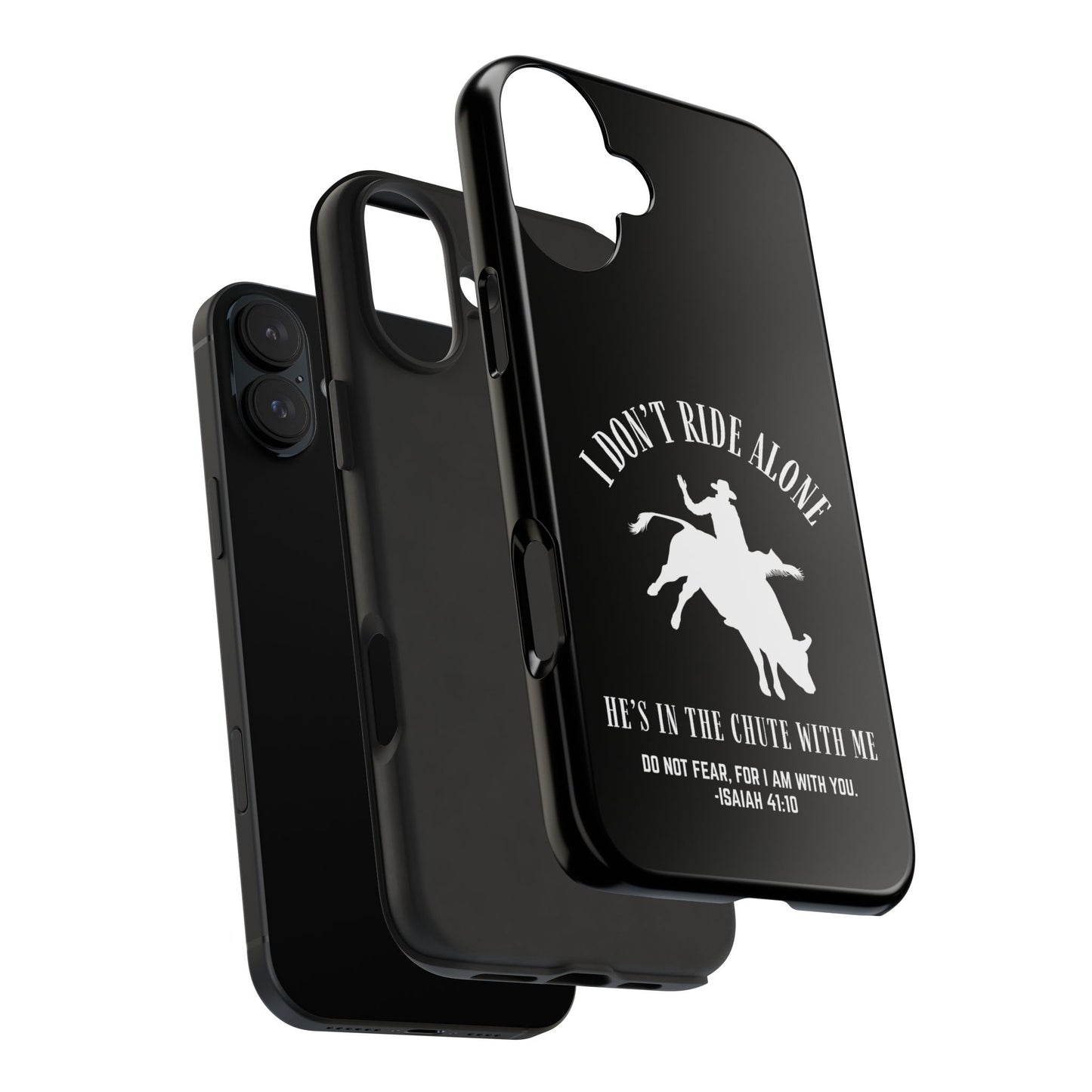 "I Don’t Ride Alone" Isaiah 41:10 Bull Rider Dual-Layer Glossy Phone Case – Christian Western Rodeo Design for iPhone & Samsung Galaxy