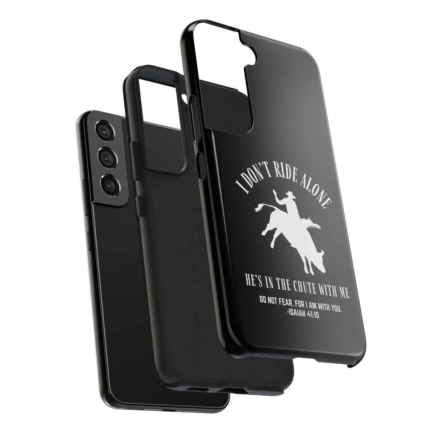 "I Don’t Ride Alone" Isaiah 41:10 Bull Rider Dual-Layer Glossy Phone Case – Christian Western Rodeo Design for iPhone & Samsung Galaxy