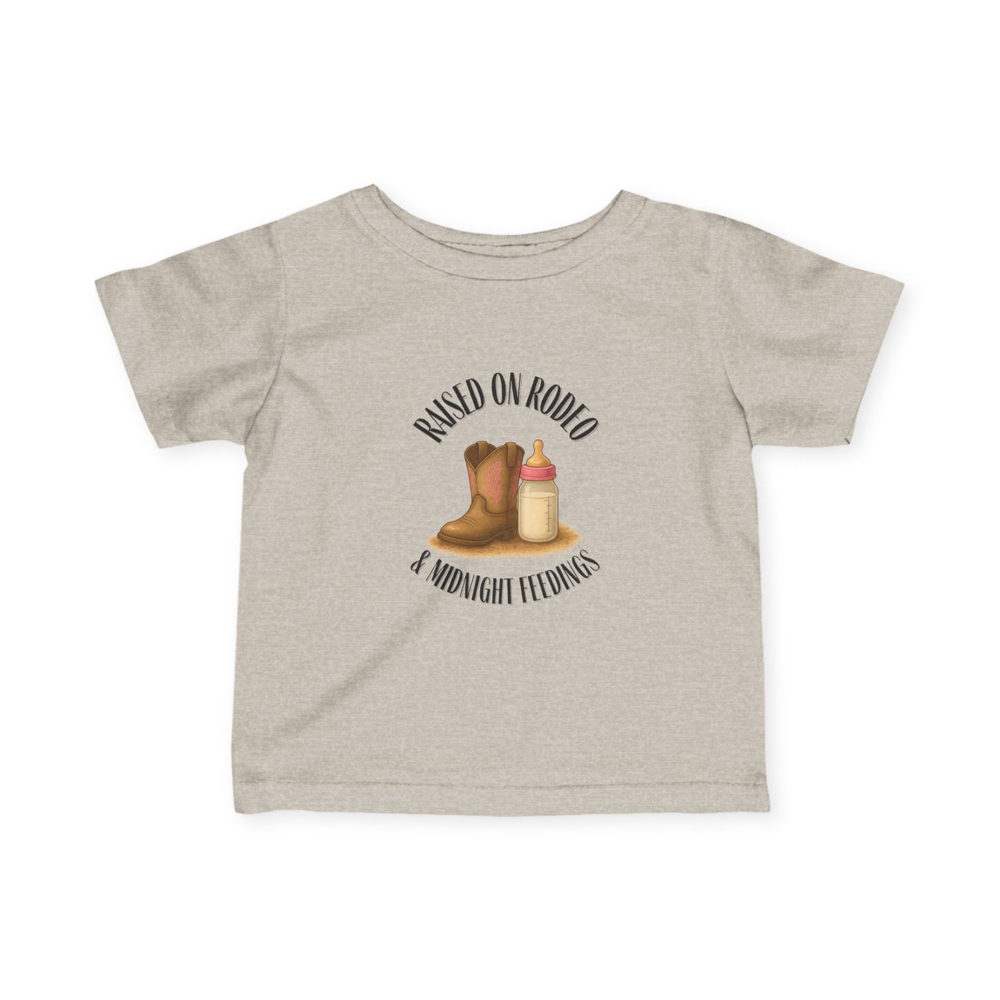 Raised on Rodeo & Midnight Feedings – Infant Girl Western Rodeo T-Shirt (6M–24M, Cowgirl Baby Tee)