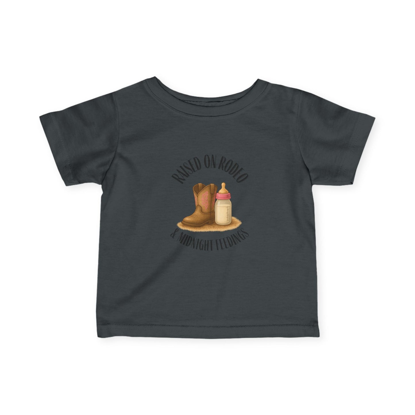 Raised on Rodeo & Midnight Feedings – Infant Girl Western Rodeo T-Shirt (6M–24M, Cowgirl Baby Tee)