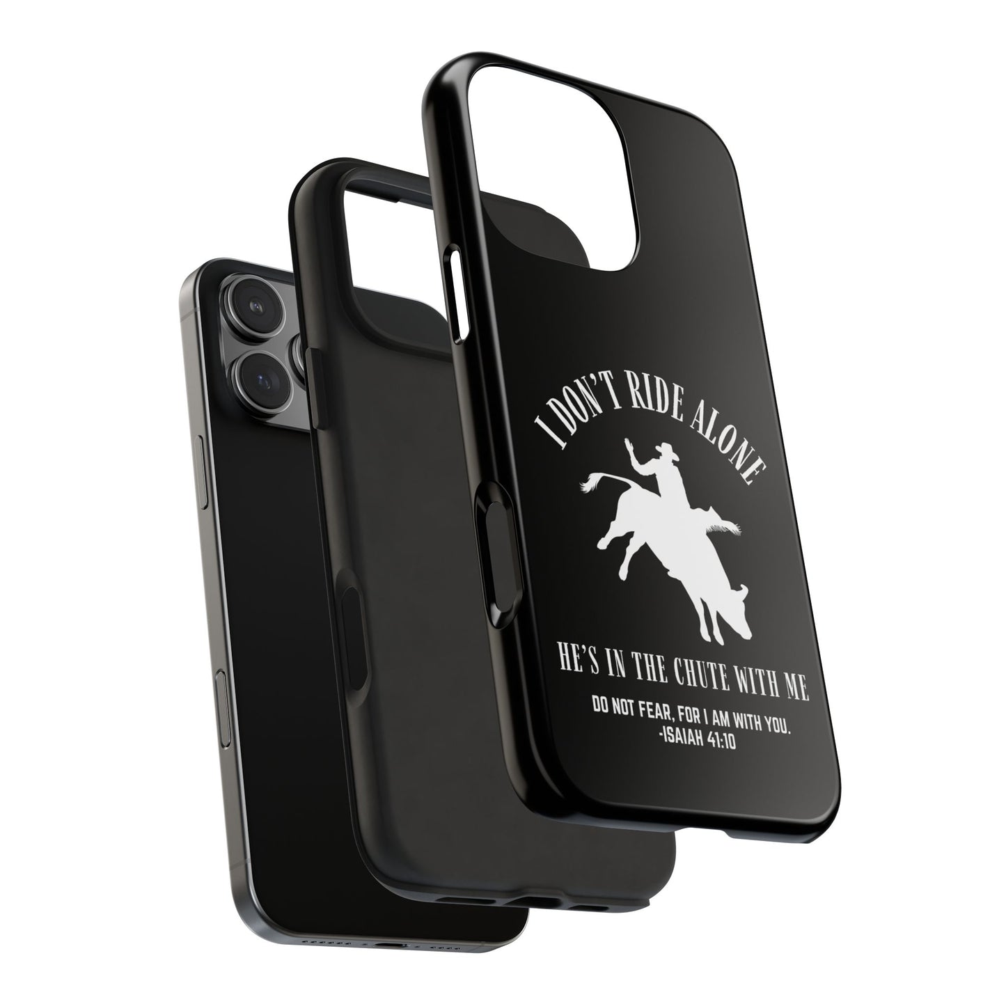 "I Don’t Ride Alone" Isaiah 41:10 Bull Rider Dual-Layer Glossy Phone Case – Christian Western Rodeo Design for iPhone & Samsung Galaxy