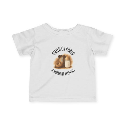 Raised on Rodeo & Midnight Feedings Boys’ Infant T-Shirt – Western Cowboy Baby Tee (6M–24M)