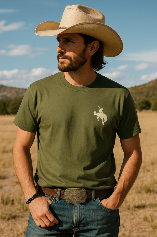 The West Wasn’t Tamed and Neither Am I Graphic T-Shirt – Bronc Rider Chest Print Western Unisex Tee | Gildan G500 Classic Fit