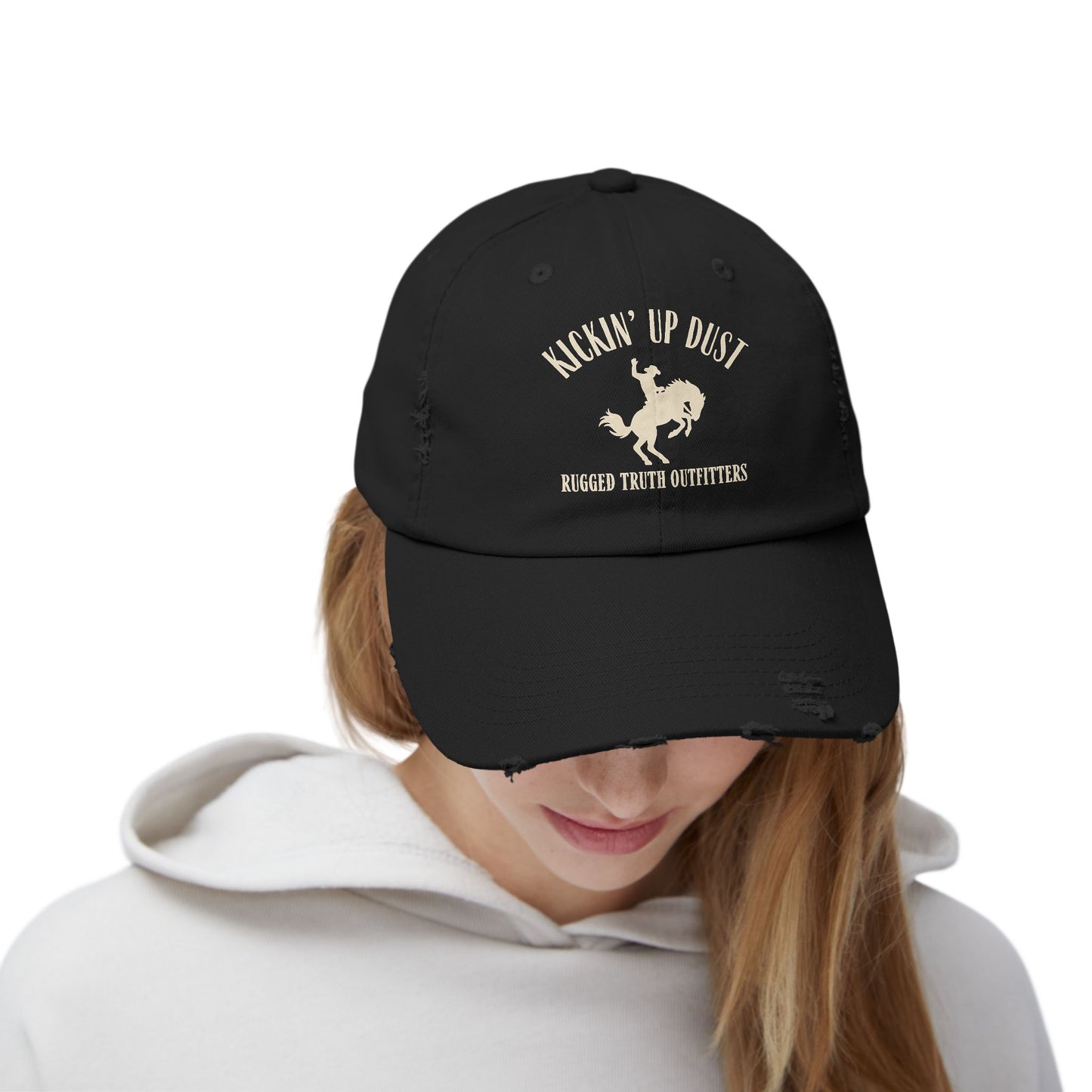 Kickin' Up Dust Bronc Rider  Distressed Cap | Unisex Outdoor Hat for Adventure Lovers, Perfect Gift for Horse Enthusiasts, Casual Style, Western