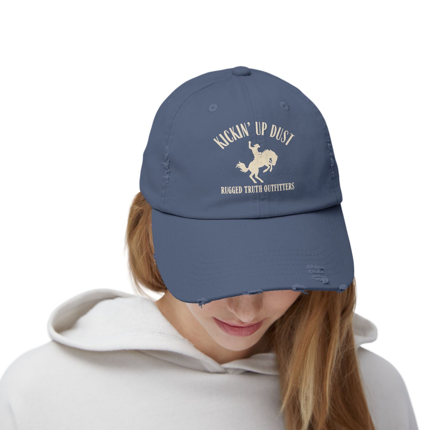 Kickin' Up Dust Bronc Rider  Distressed Cap | Unisex Outdoor Hat for Adventure Lovers, Perfect Gift for Horse Enthusiasts, Casual Style, Western