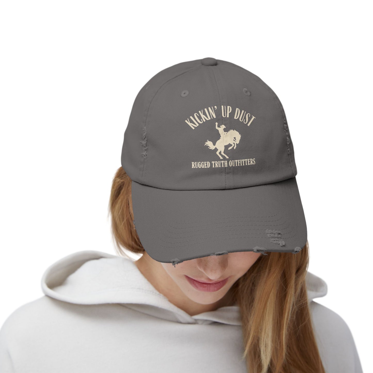 Kickin' Up Dust Bronc Rider  Distressed Cap | Unisex Outdoor Hat for Adventure Lovers, Perfect Gift for Horse Enthusiasts, Casual Style, Western