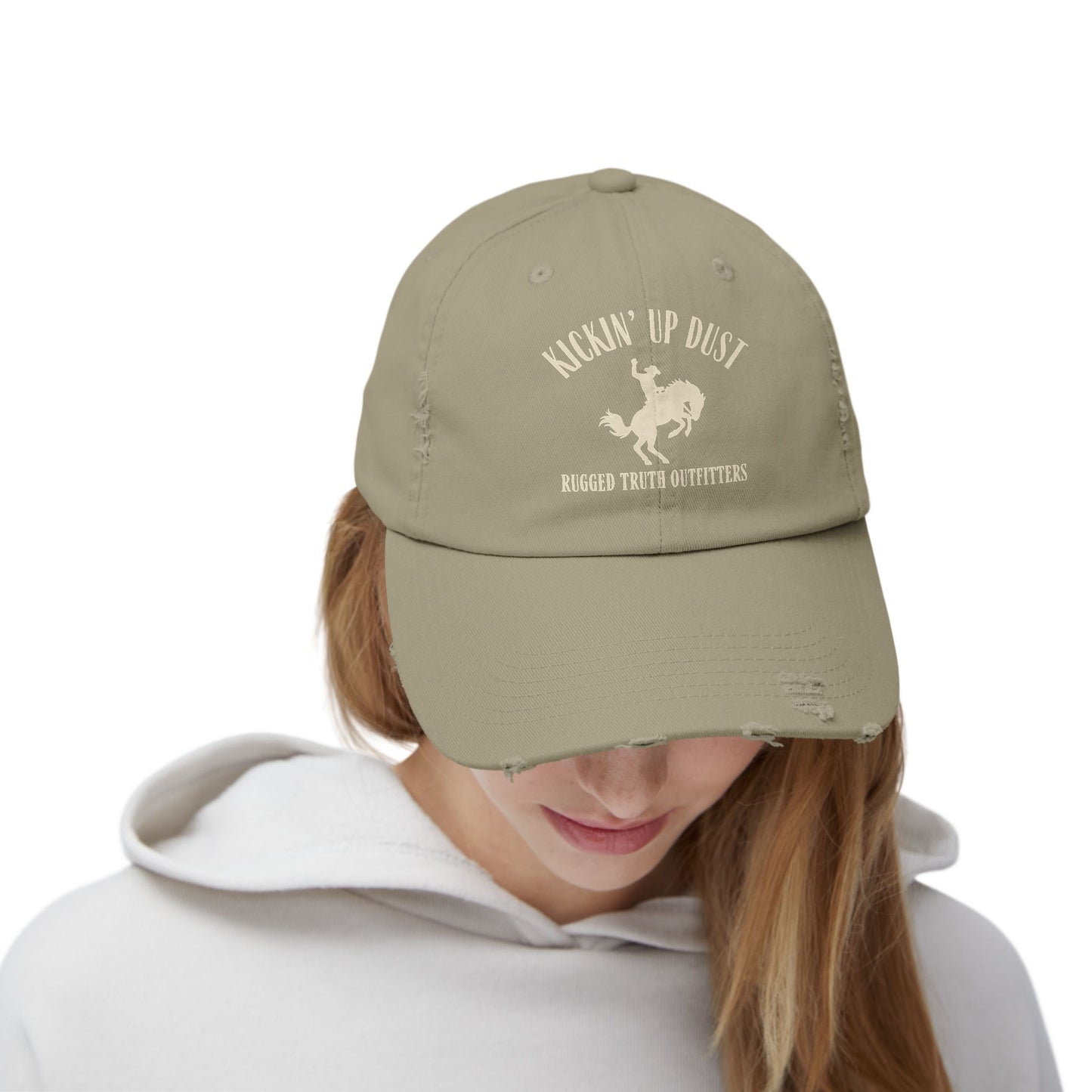 Kickin' Up Dust Bronc Rider  Distressed Cap | Unisex Outdoor Hat for Adventure Lovers, Perfect Gift for Horse Enthusiasts, Casual Style, Western