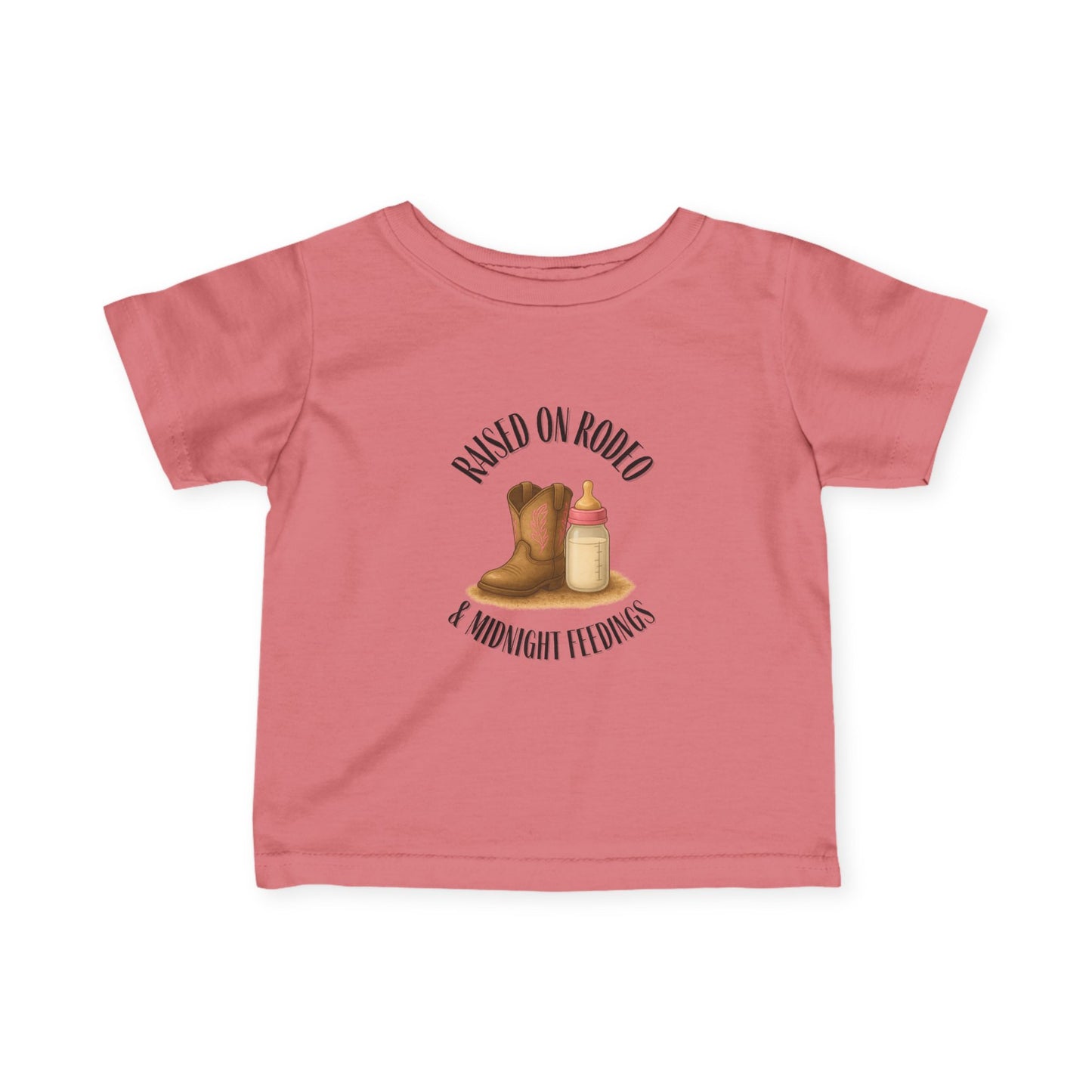 Raised on Rodeo & Midnight Feedings – Infant Girl Western Rodeo T-Shirt (6M–24M, Cowgirl Baby Tee)