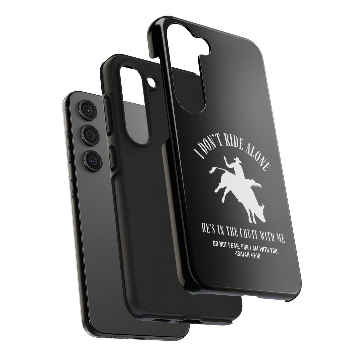 "I Don’t Ride Alone" Isaiah 41:10 Bull Rider Dual-Layer Glossy Phone Case – Christian Western Rodeo Design for iPhone & Samsung Galaxy