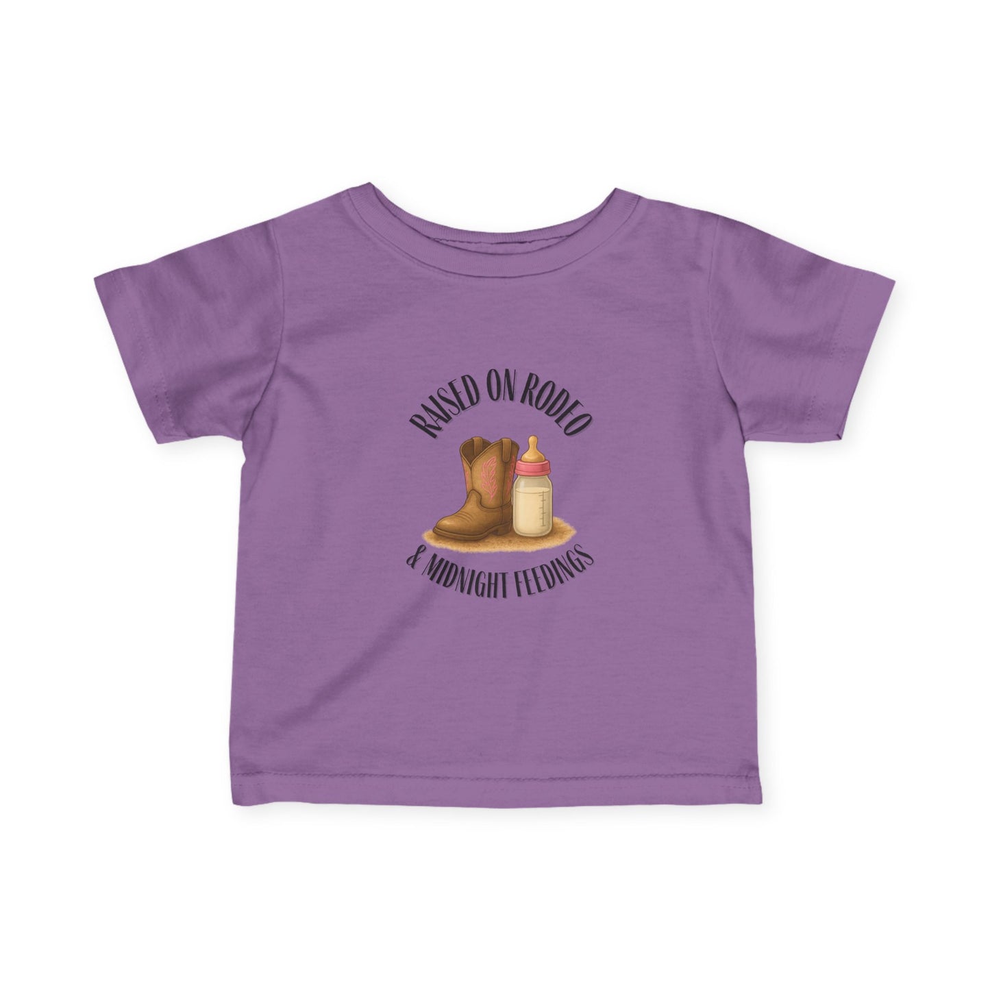 Raised on Rodeo & Midnight Feedings – Infant Girl Western Rodeo T-Shirt (6M–24M, Cowgirl Baby Tee)