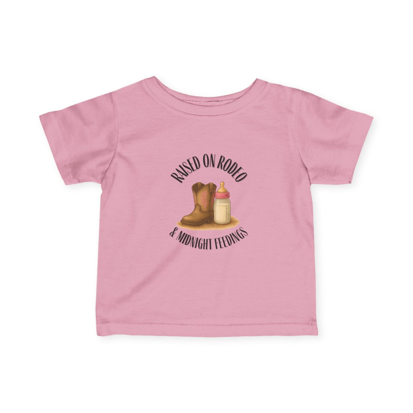 Raised on Rodeo & Midnight Feedings – Infant Girl Western Rodeo T-Shirt (6M–24M, Cowgirl Baby Tee)