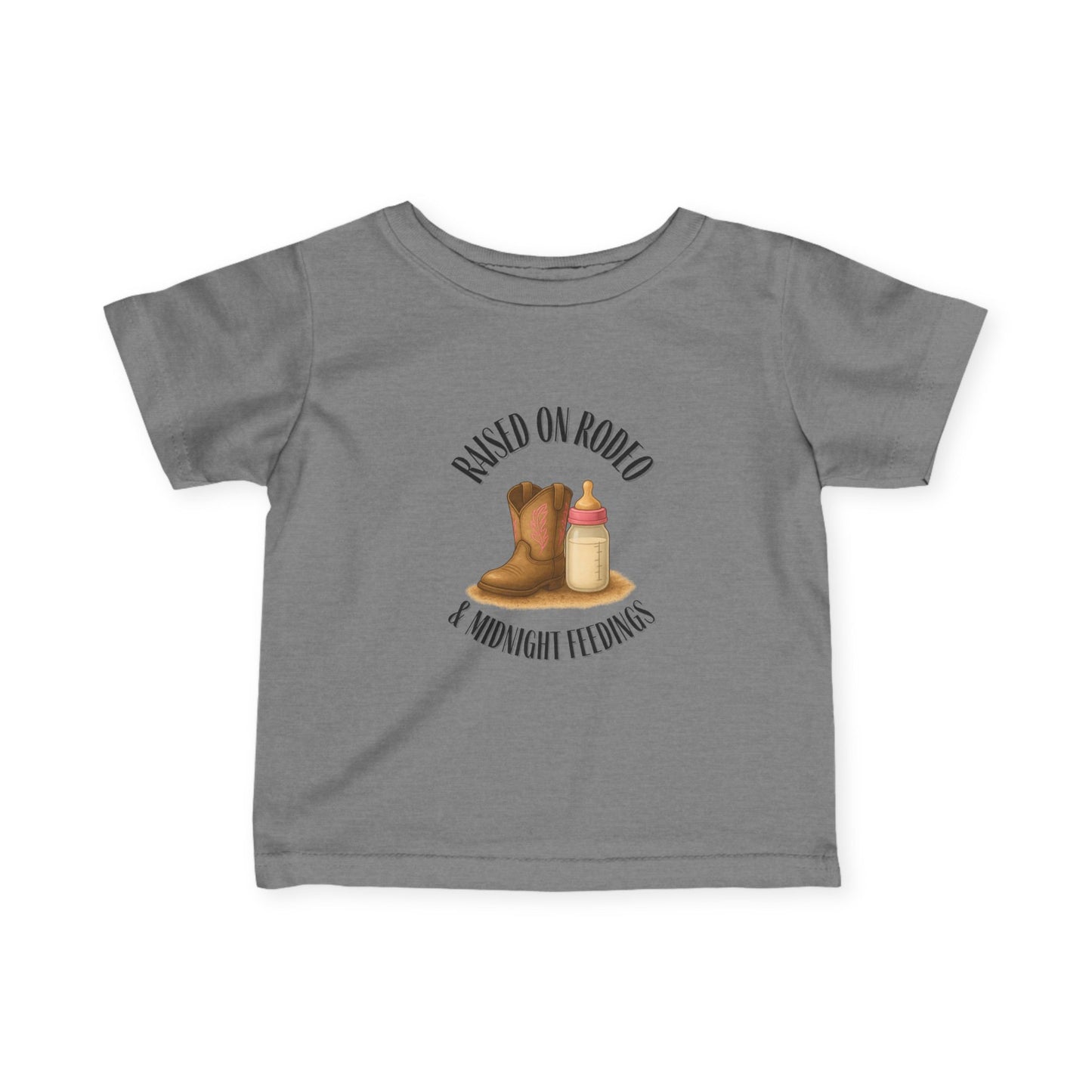 Raised on Rodeo & Midnight Feedings – Infant Girl Western Rodeo T-Shirt (6M–24M, Cowgirl Baby Tee)