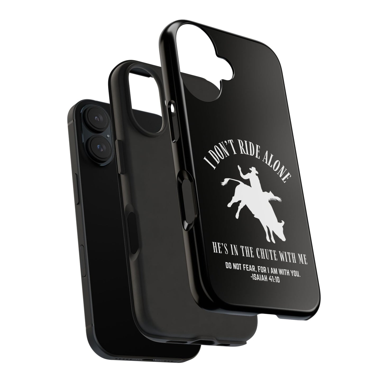 "I Don’t Ride Alone" Isaiah 41:10 Bull Rider Dual-Layer Glossy Phone Case – Christian Western Rodeo Design for iPhone & Samsung Galaxy