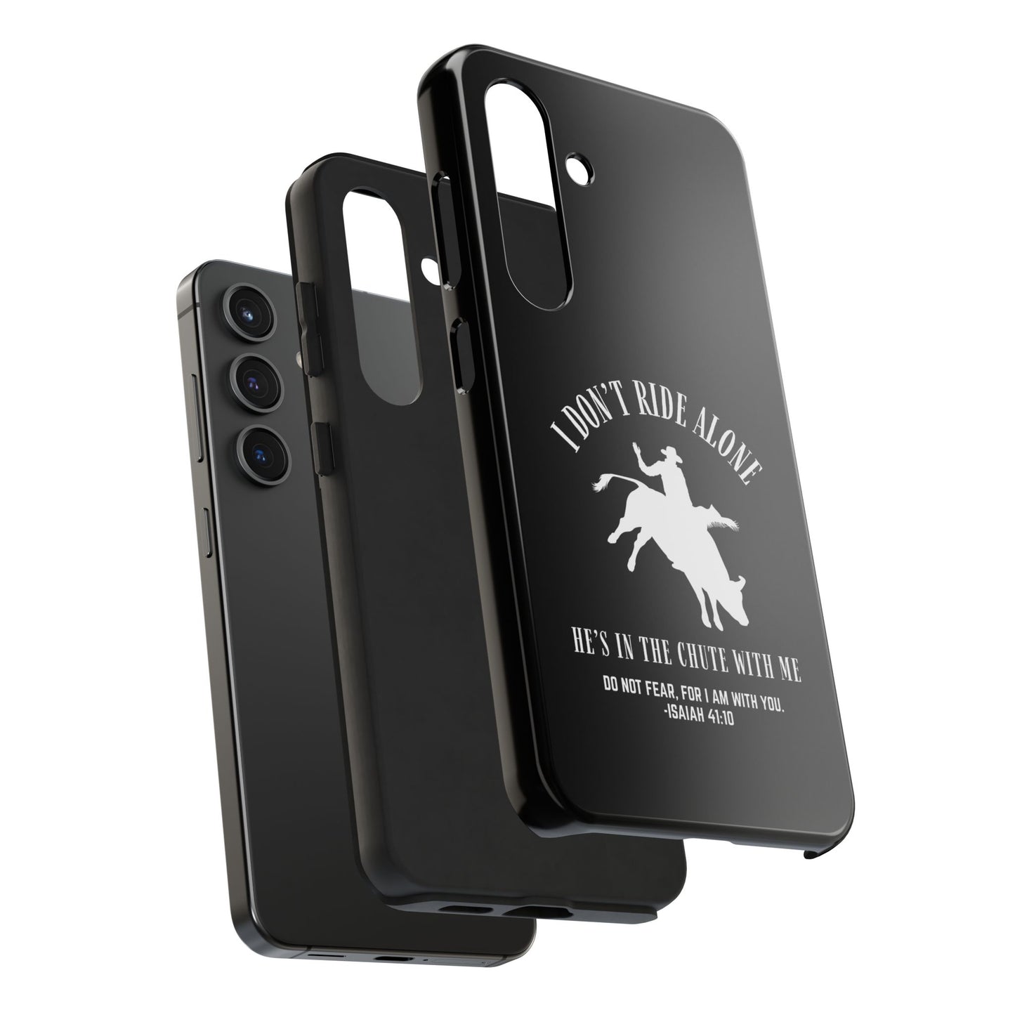"I Don’t Ride Alone" Isaiah 41:10 Bull Rider Dual-Layer Glossy Phone Case – Christian Western Rodeo Design for iPhone & Samsung Galaxy