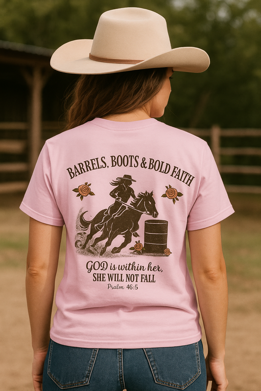 Barrel Racer Christian T-Shirt – Boots, Barrels & Bold Faith Western Tee – Rugged Truth Outfitters
