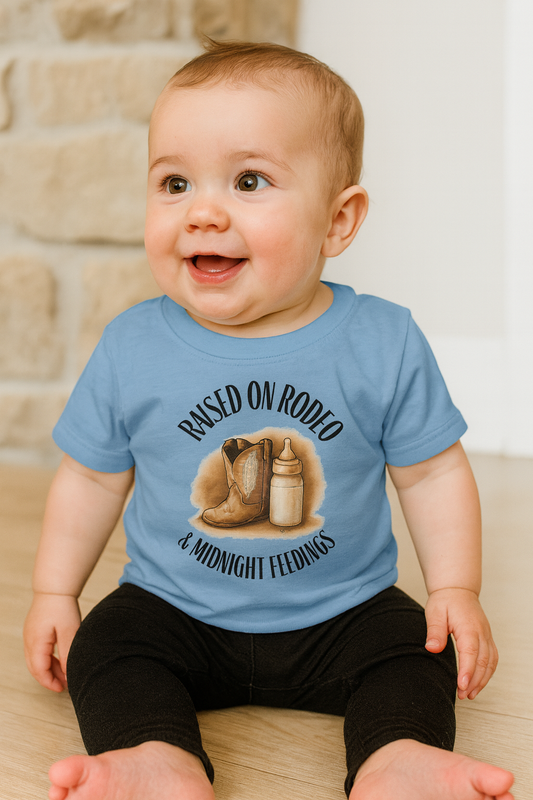 Raised on Rodeo & Midnight Feedings Boys’ Infant T-Shirt – Western Cowboy Baby Tee (6M–24M)