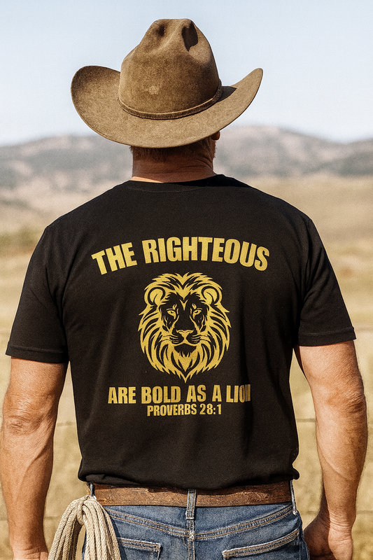 Bold as a Lion Christian T-Shirt – Proverbs 28:1 Bible Verse Tee – Rugged Truth Outfitters