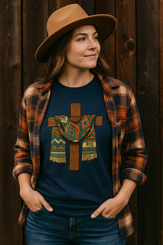 Women’s Faith Graphic T-Shirt – Cross with Aztec Blanket Design | Western Proverbs 31 Christian Tee | Gildan G500 Classic Fit
