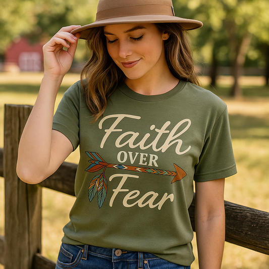 Faith Over Fear Women’s Christian T-Shirt | Inspirational Bible Verse Shirt with Arrow & Feathers | Religious Graphic Tee Gift for Women of Faith