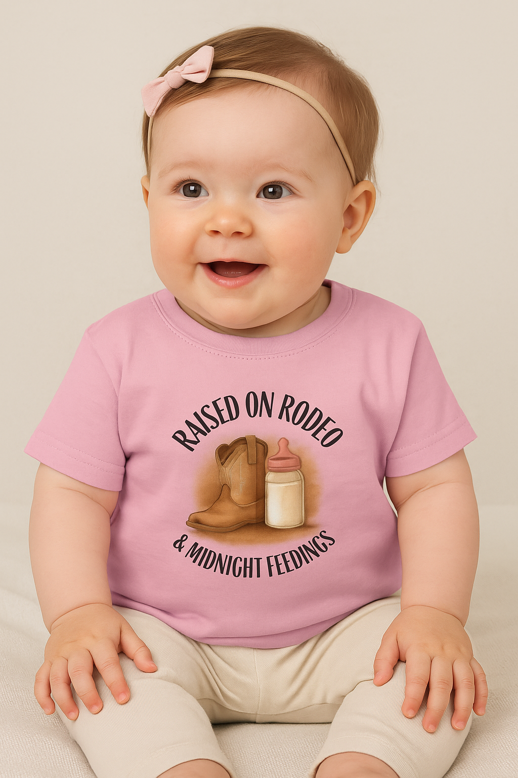 Raised on Rodeo & Midnight Feedings – Infant Girl Western Rodeo T-Shirt (6M–24M, Cowgirl Baby Tee)