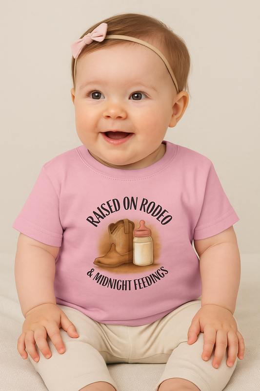 Raised on Rodeo & Midnight Feedings – Infant Girl Western Rodeo T-Shirt (6M–24M, Cowgirl Baby Tee)