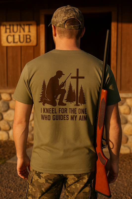 I Kneel for the One Who Guides My Aim Christian T-Shirt – Faith & Freedom Tee – Rugged Truth Outfitters