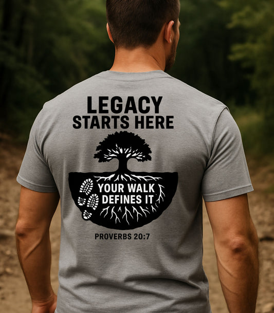 Legacy Starts Here – Proverbs 20:7 Men’s Christian T-Shirt | Faith, Family & Generational Strength