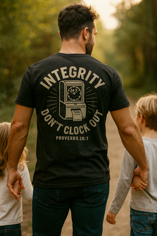 Integrity Don’t Clock Out T-Shirt – Proverbs 20:7 Christian Workwear Tee for Men of Grit and Faith