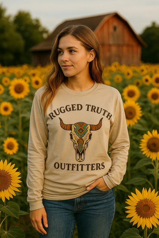 Women’s Western Longhorn Skull Graphic Long Sleeve Shirt – Distressed Rugged Truth Outfitters Top