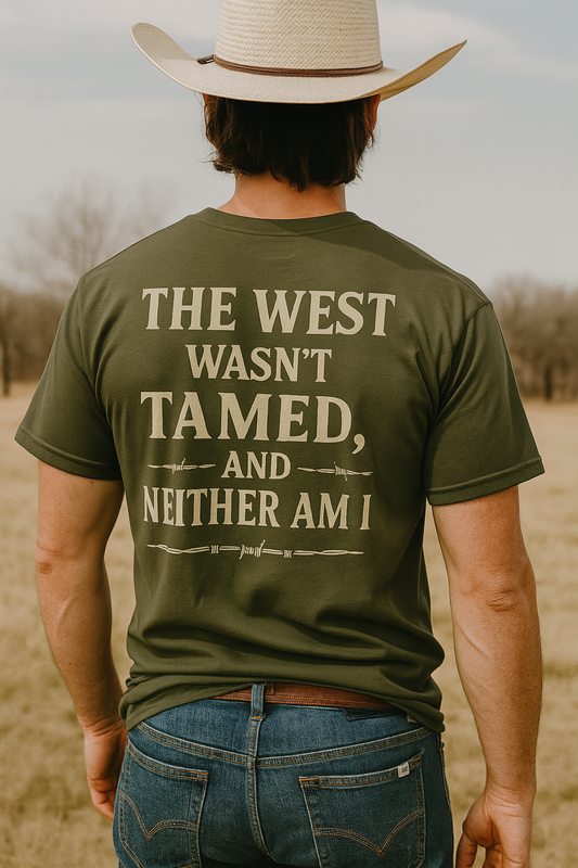 The West Wasn’t Tamed and Neither Am I Graphic T-Shirt – Bronc Rider Chest Print Western Unisex Tee | Gildan G500 Classic Fit