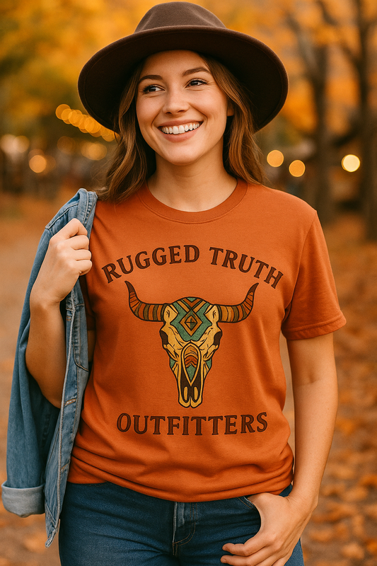Rugged Truth Outfitters Women’s Western Longhorn Skull Graphic Tee – Unisex Texas Orange T-Shirt