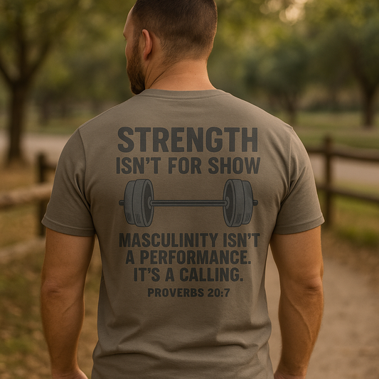 Strength Isn’t for Show – Proverbs 20:7 Men’s Christian T-Shirt | Masculinity with Purpose